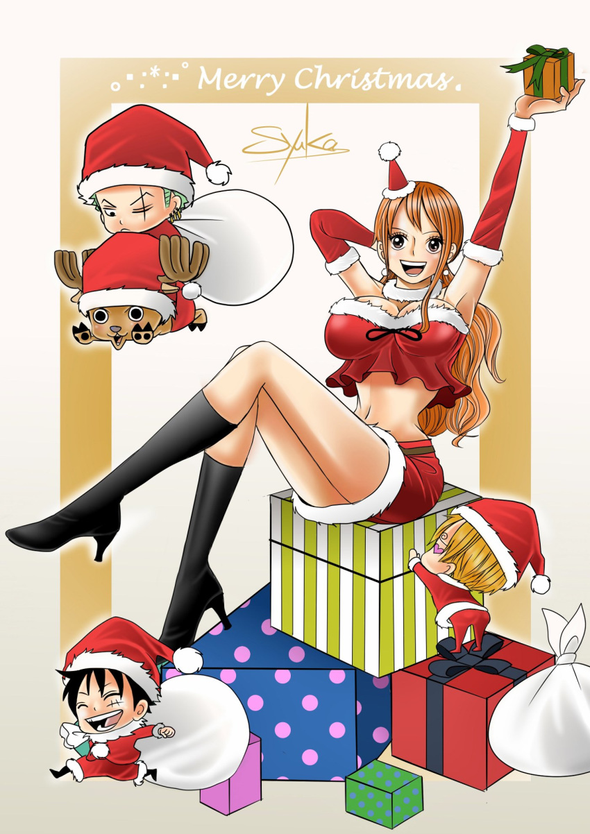 40one_syuka bent_knees black_hair blonde_hair boots box brown_eyes christmas christmas_outfit costume curvy female gift green_hair happy knee_boots legs long_hair male midriff monkey_d_luffy nami_(one_piece) navel one_piece open_mouth orange_hair peek-a-boo_bang roronoa_zoro sanji shoes short_hair sitting sitting_on_box smile teeth thighs tongue tony_tony_chopper