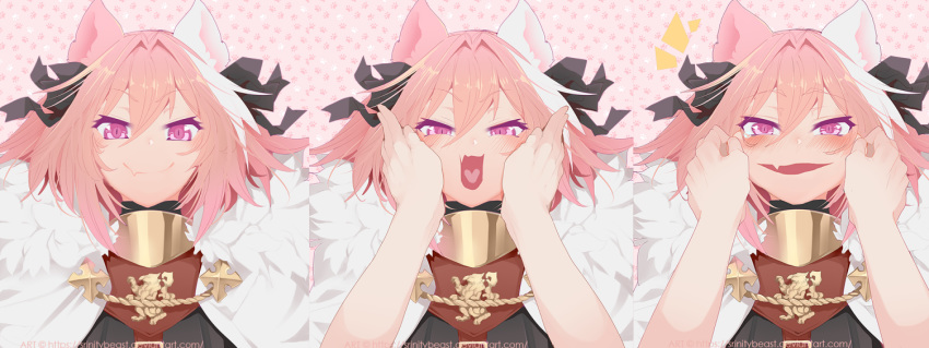 1boy animal_ears astolfo_(fate) black_ribbon blush cat_ears cheek_pull cheek_squash comic eyebrows_visible_through_hair face fang fate/apocrypha fate_(series) fur_trim hair_between_eyes hair_intakes hair_ribbon hands_on_another's_face heart heart_in_mouth looking_at_viewer multicolored_hair open_mouth out_of_frame paw_print_pattern pink_hair pov pov_hands purple_eyes ribbon short_hair solo_focus srinitybeast tears two-tone_hair watermark web_address