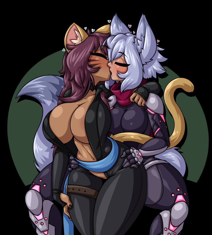 &lt;3 animal_humanoid big_breasts blush breasts canid canid_humanoid canine canine_humanoid cat_humanoid clothed clothing curvaceous dog_humanoid duo felid felid_humanoid feline feline_humanoid female female/female hi_res humanoid kissing limebreaker mammal nipple_outline standing