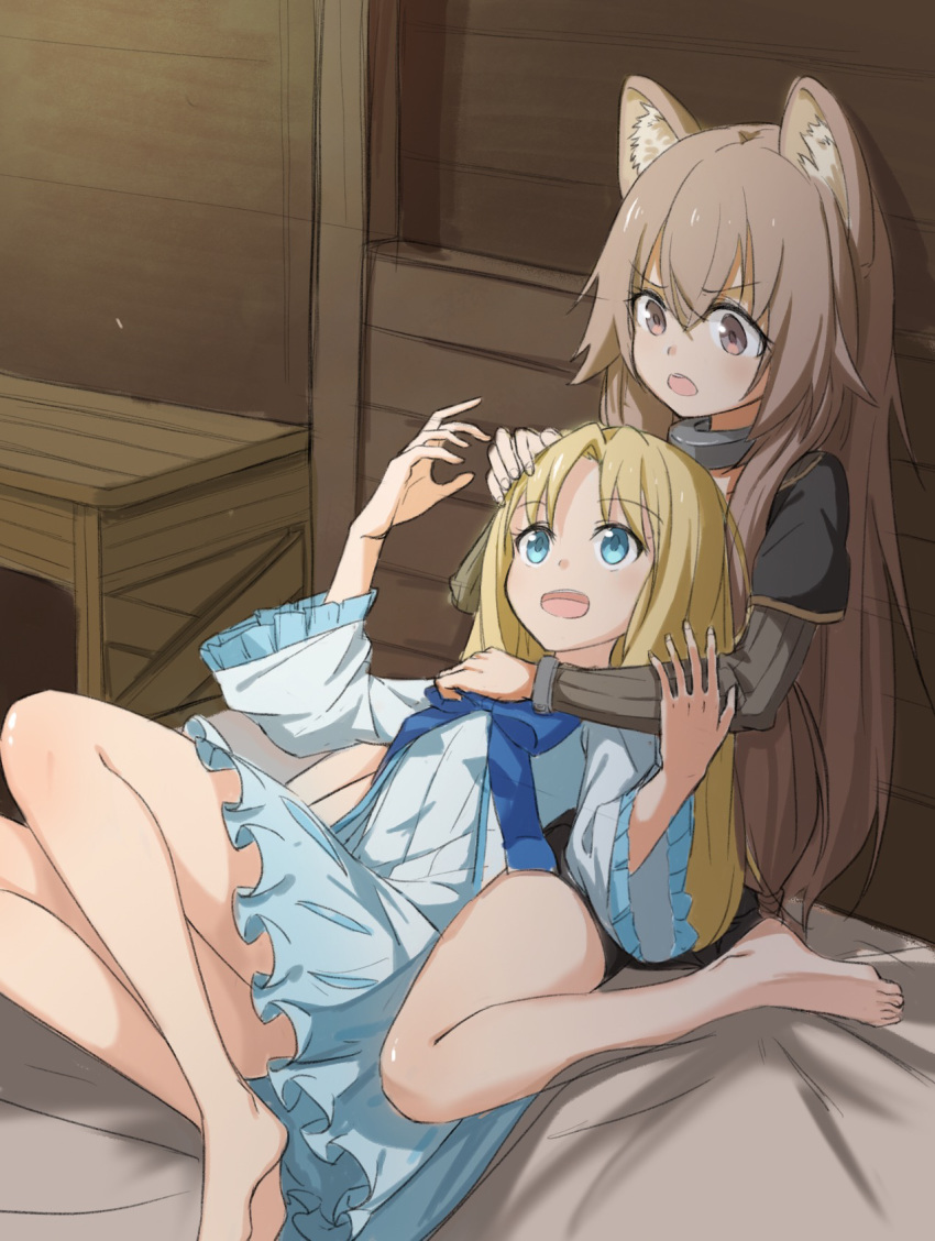 2girls :d animal_ears bangs barefoot blonde_hair blue_dress blue_eyes brown_eyes brown_hair collar cuffs deatheach dress feathered_wings firo_(tate_no_yuusha_no_nariagari) frilled_dress frills frown hair_between_eyes hand_on_another's_head highres long_hair lying multiple_girls on_back open_mouth parted_bangs raccoon_ears raccoon_girl raphtalia sitting smile tate_no_yuusha_no_nariagari very_long_hair wariza white_wings wings