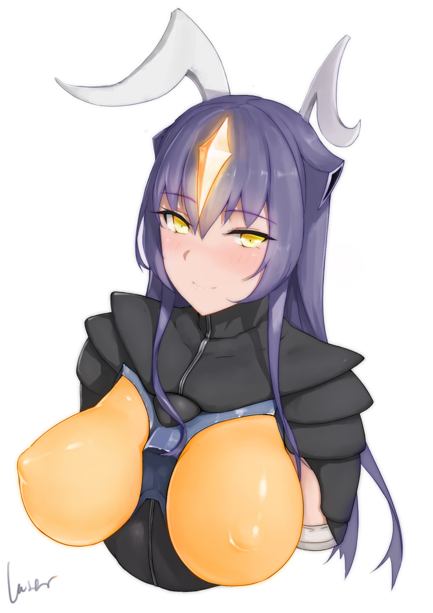 1girl antennae armor bangs black_hair blush breasts erect_nipples eyebrows_visible_through_hair glowing glowing_eyes hair_between_eyes highres large_breasts long_hair looking_at_viewer nose_blush purple_hair rosaline simple_background smile solo ultra_kaijuu_gijinka_keikaku ultra_series ultraman_(1st_series) white_background yellow_eyes zetton