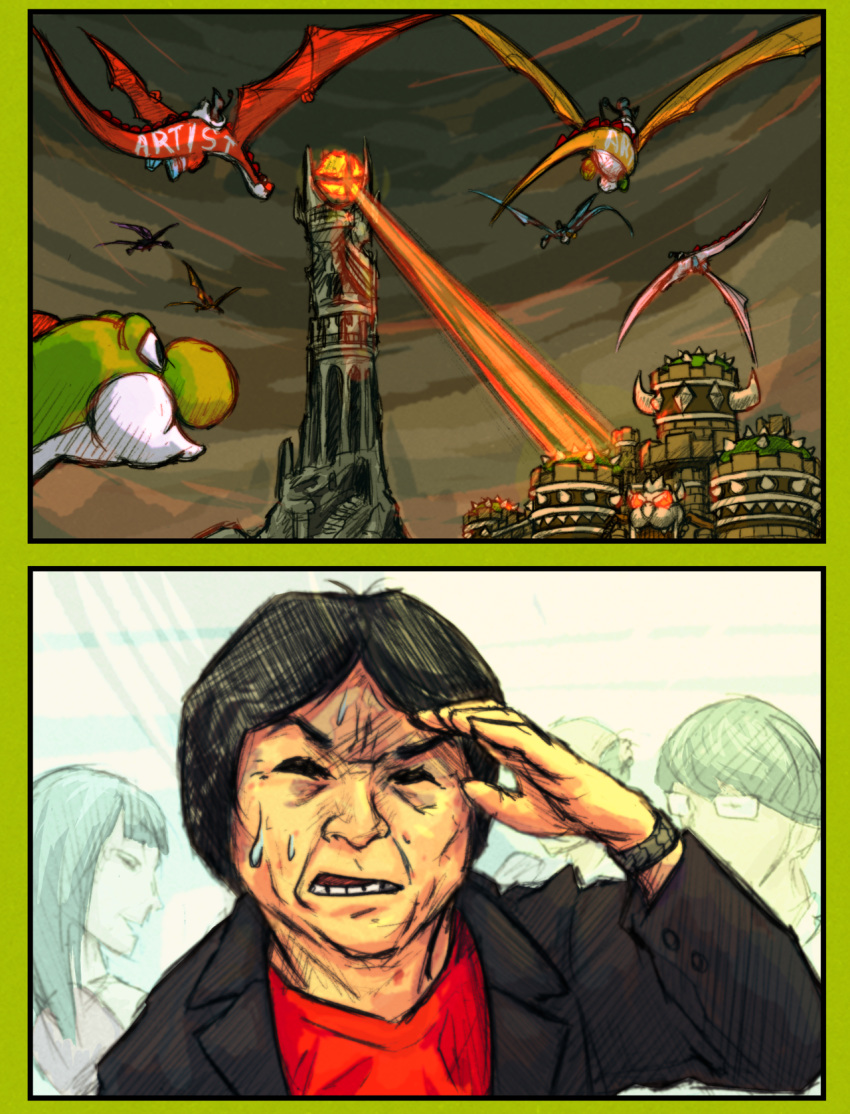 black_hair comic commentary english_commentary english_text highres lord_of_the_rings mario_(series) miyamoto_shigeru nintendo real_life sauron sindraws super_mario_bros. super_smash_bros. yoshi