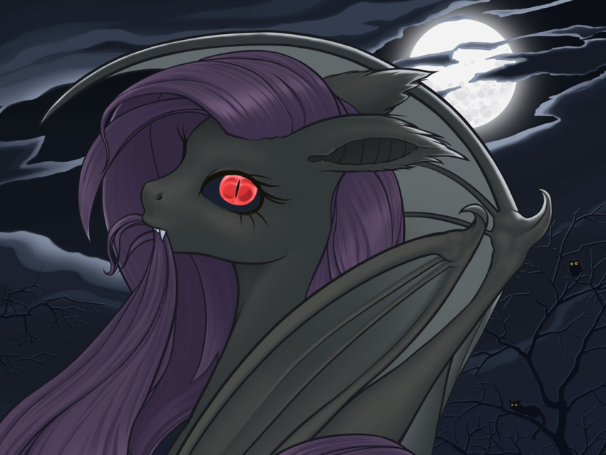 2014 arareroll bat_pony black_sclera equid fangs female feral flutterbat_(mlp) fluttershy_(mlp) friendship_is_magic full_moon hair hybrid long_hair looking_at_viewer mammal moon my_little_pony night red_eyes sky slit_pupils solo