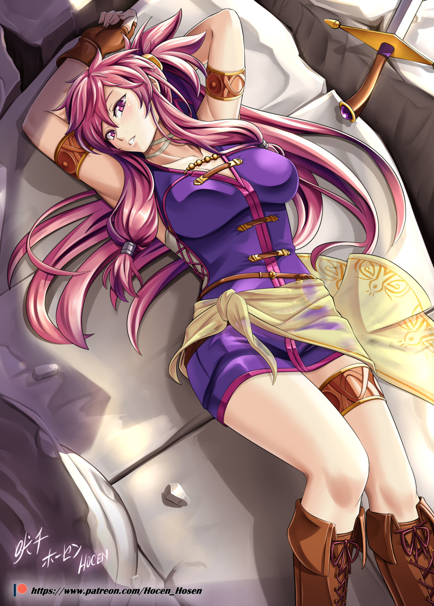 1girl absurdres armband armpits arms_up artist_name boots breasts brown_footwear brown_gloves collarbone cross-laced_footwear dress fingerless_gloves fire_emblem fire_emblem:_seima_no_kouseki gloves highres large_breasts leather leather_gloves long_hair looking_at_viewer lying marica_(fire_emblem) nintendo on_back parted_lips patreon_username ponytail purple_eyes purple_hair rock sash short_dress sidelocks signature smile solo sword thigh_strap thighs vilde_loh_hocen watermark weapon web_address