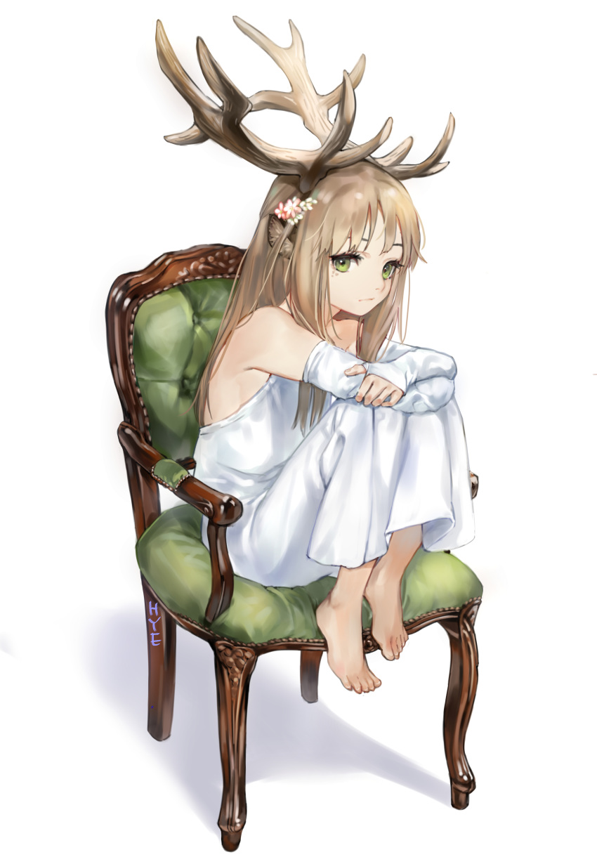 1girl absurdres animal_ears antlers bangs bare_shoulders brown_hair chair closed_mouth deer_antlers deer_ears dress elbow_gloves fingerless_gloves flower gloves green_eyes hieung highres medium_hair original pink_flower signature simple_background sitting solo white_background white_dress white_gloves