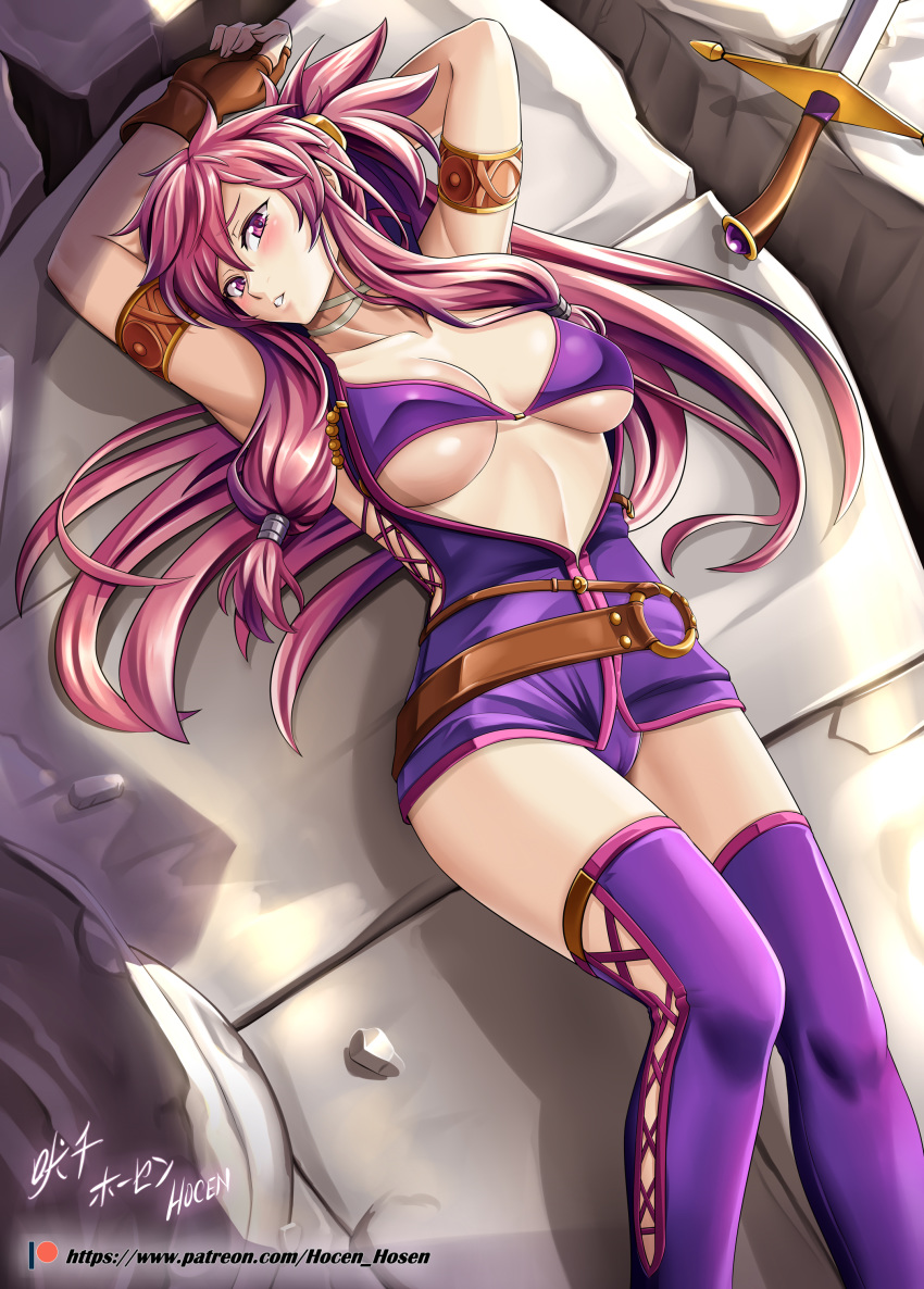 1girl absurdres armband armpits arms_up artist_name blush boots breasts brown_gloves cameltoe cleavage clenched_teeth collarbone cross-laced_footwear dress fingerless_gloves fire_emblem fire_emblem:_seima_no_kouseki gloves highres large_breasts leather leather_gloves long_hair looking_at_viewer lying marica_(fire_emblem) midriff nintendo on_back open_clothes open_dress panties pantyshot pantyshot_(lying) parted_lips patreon_username ponytail purple_bikini_top purple_eyes purple_hair purple_legwear purple_panties rock short_dress sidelocks signature solo sword teeth thigh_boots thigh_strap thighhighs thighs underwear vilde_loh_hocen watermark weapon web_address