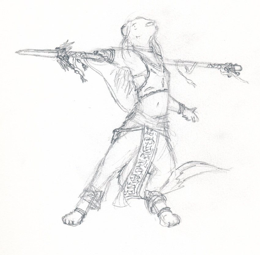 clothed clothing female mammal melee_weapon mustela mustelid musteline polearm shiverfox sketch spear tribal vianaralia_bonesinger weapon