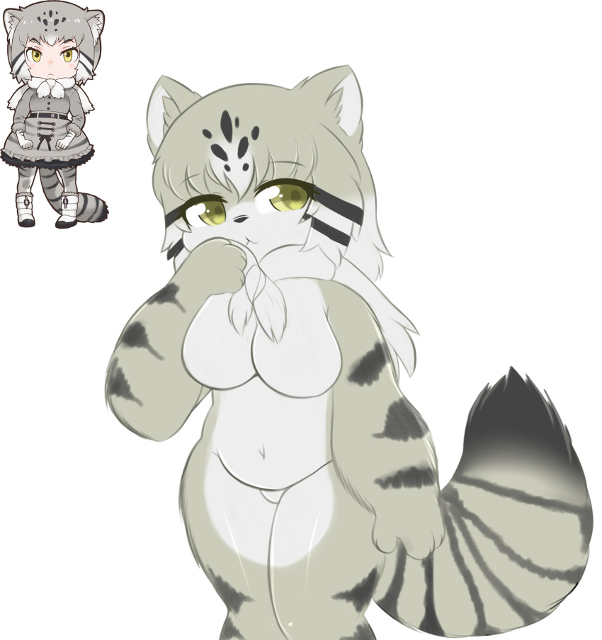 2019 anthro big_breasts breasts digital_media_(artwork) felid feline female fur green_eyes hair hi_res kemono_friends looking_at_viewer mammal nude pallas's_cat papilrux simple_background slightly_chubby solo thick_thighs