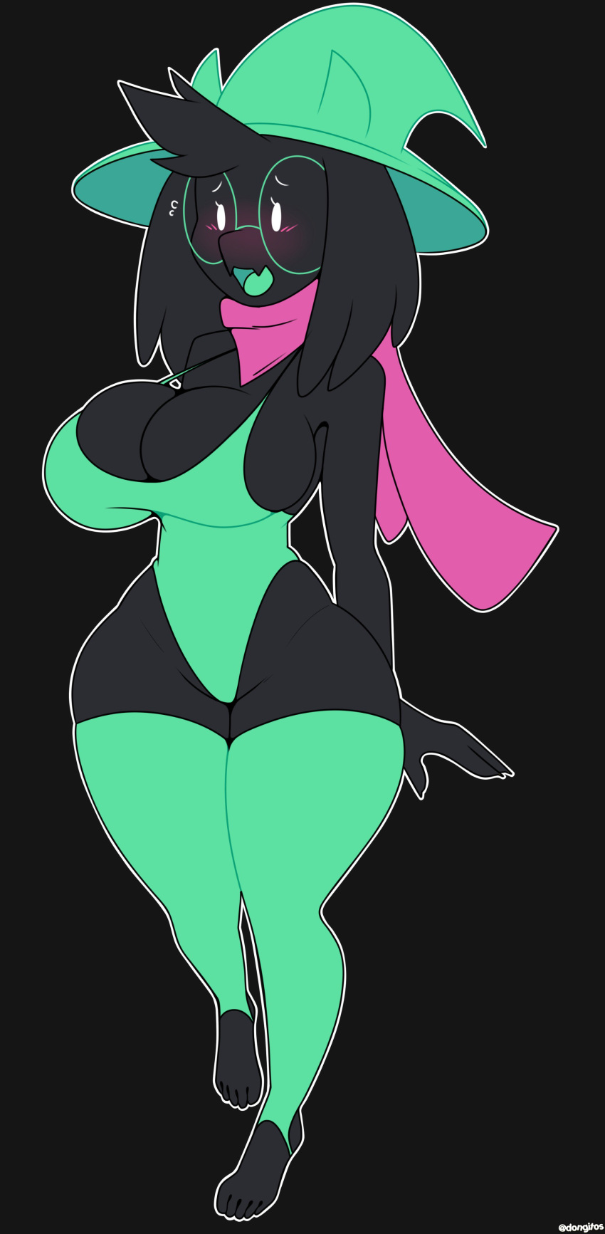 2019 anthro big_breasts black_background black_fur blush bovid breasts caprine cleavage clothed clothing crossgender deltarune dongitos eyewear female fur glasses goat hat horn legwear leotard long_ear mammal open_mouth ralsei scarf simple_background swimsuit thick_thighs thigh_highs video_games