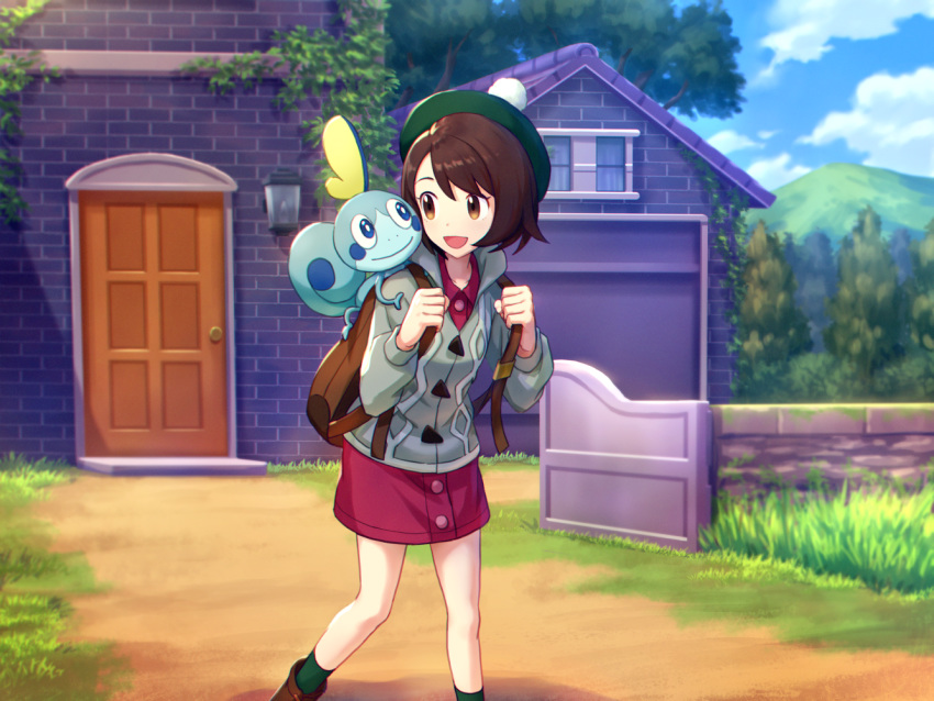 1girl backpack bag bangs blue_eyes blue_sky bob_cut boots brown_bag brown_eyes brown_footwear brown_hair building cardigan cloud cloudy_sky creatures_(company) door dress eye_contact female_protagonist_(pokemon_swsh) forest game_freak gen_8_pokemon grass green_hat green_legwear grey_sweater hat house long_sleeves looking_at_another mountain nature nintendo open_mouth outdoors pink_dress plant pokemon pokemon_(creature) pokemon_(game) pokemon_swsh scenery shiny shiny_clothes shiny_hair shiny_skin short_hair shouhei sky smile sobble socks sweater tam_o'_shanter walking window