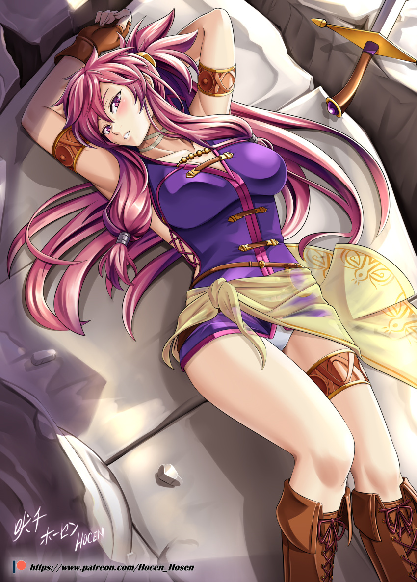 1girl absurdres armband armpits arms_up artist_name blush boots breasts brown_footwear brown_gloves collarbone cross-laced_footwear dress fingerless_gloves fire_emblem fire_emblem:_seima_no_kouseki gloves highres large_breasts leather leather_gloves long_hair looking_at_viewer lying marica_(fire_emblem) nintendo on_back panties pantyshot pantyshot_(lying) parted_lips patreon_username ponytail purple_eyes purple_hair rock sash short_dress sidelocks signature smile solo sword thigh_strap thighs underwear vilde_loh_hocen watermark weapon web_address white_panties