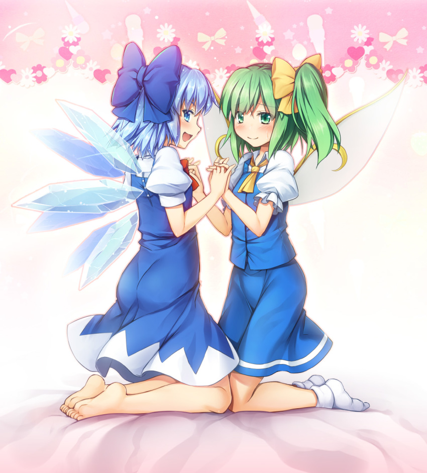 2girls :d ascot ass bangs barefoot blue_bow blue_dress blue_eyes blue_hair blue_skirt blue_vest blush bow bowtie chima_q cirno commentary_request daiyousei dress eyebrows_visible_through_hair fairy_wings full_body green_eyes green_hair hair_bow highres ice ice_wings kneeling looking_at_viewer multiple_girls no_shoes open_mouth pinafore_dress pink_background profile puffy_short_sleeves puffy_sleeves red_bow red_neckwear shirt short_hair short_sleeves side_ponytail skirt skirt_set smile socks touhou vest white_legwear white_shirt wing_collar wings yellow_neckwear yuri
