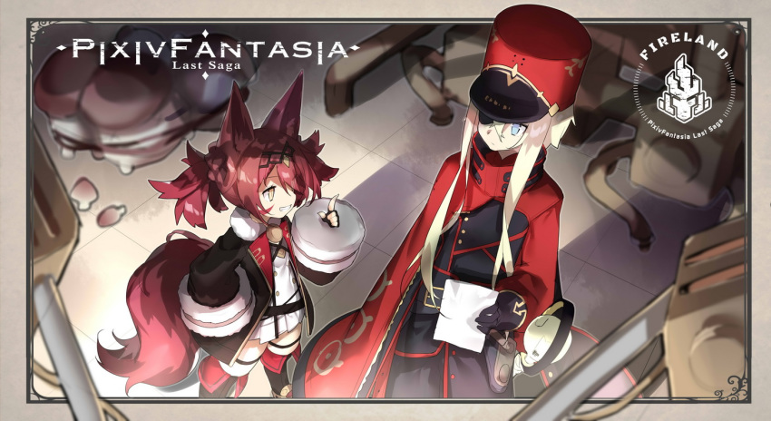 2girls animal_ears bangs blonde_hair blue_eyes blurry blurry_background eyepatch facial_mark fingerless_gloves fox_ears fox_tail from_above fur_trim gloves hair_between_eyes hair_ornament hat high_collar jacket looking_at_another multiple_girls open_clothes open_jacket pixiv_fantasia pixiv_fantasia_last_saga red_hair saru short_hair short_hair_with_long_locks slit_pupils smile tail yellow_eyes