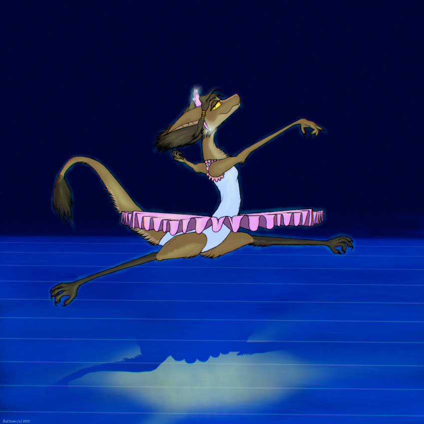 2018 anthro ballistic_(artist) biped blue_background brown_ears brown_fur brown_hair brown_tail clothing dancing digital_media_(artwork) dress female fur hair hi_res kassen_akoll looking_at_viewer mammal markings multicolored_fur out-of-placers simple_background socks_(marking) solo suspended_in_midair tutu yinglet