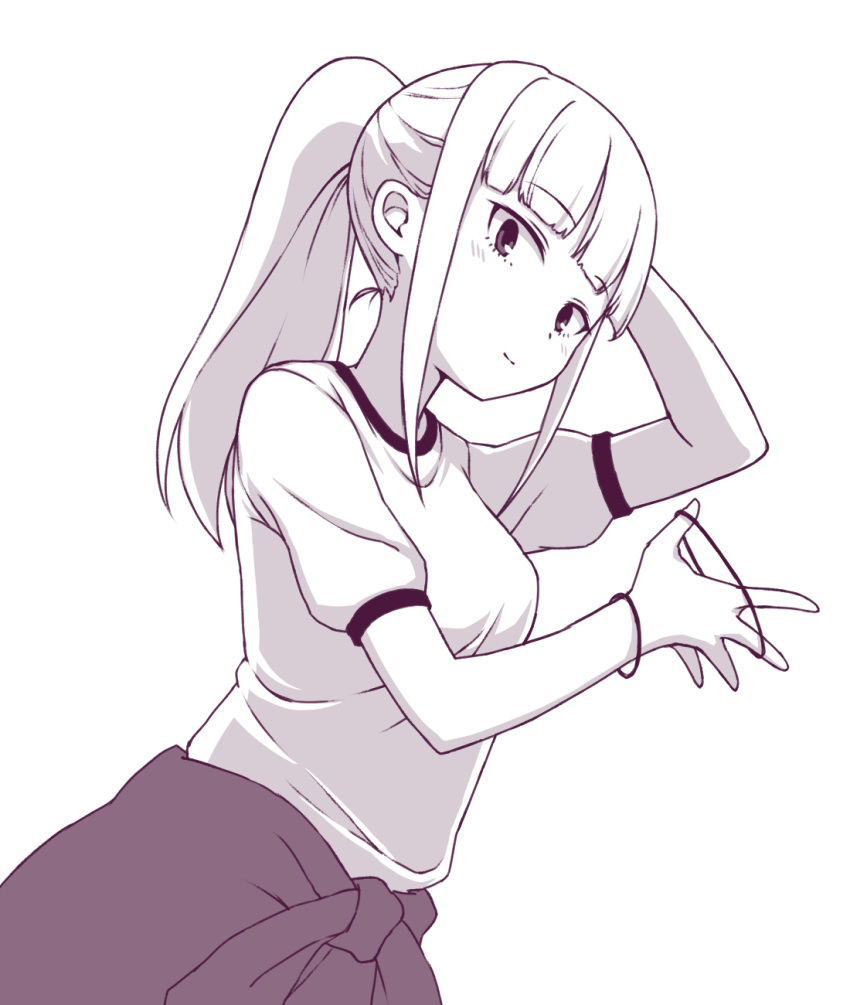 1girl blush greyscale hand_in_hair highres katou_asuka mohya monochrome ponytail rubber_band simple_background watashi_ga_motenai_no_wa_dou_kangaetemo_omaera_ga_warui!