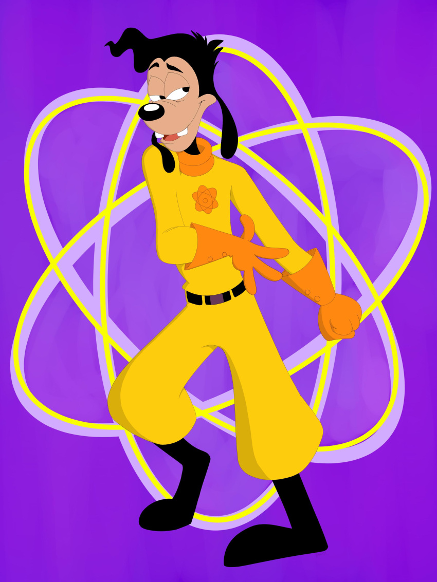 2019 3:4 absurd_res anthro atom belt black_hair black_nose boots canid canine clothed clothing cosplay disney footwear gloves goof_troop hair half-closed_eyes hi_res looking_aside mammal max_goof noma open_mouth open_smile powerline raised_eyebrow smile smug