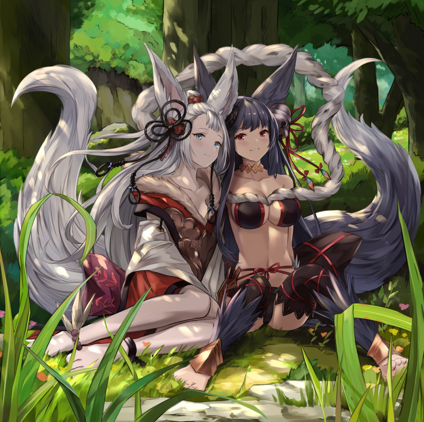 2girls :d animal_ears anklet bare_legs bare_shoulders barefoot bead_anklet beads bell black_hair black_legwear black_panties blue_eyes blush breasts choker cleavage closed_mouth collarbone commentary_request day erune flower forest fur_collar granblue_fantasy grass grey_hair grin hair_ornament highres jewelry jingle_bell knees_up large_breasts long_hair looking_at_viewer medium_breasts monyu_(monyupop) multiple_girls nature navel open_mouth outdoors panties plant red_eyes revealing_clothes rope shimenawa sitting smile socie_(granblue_fantasy) stomach sunlight tail thighhighs tree underwear yokozuwari yuel_(granblue_fantasy)