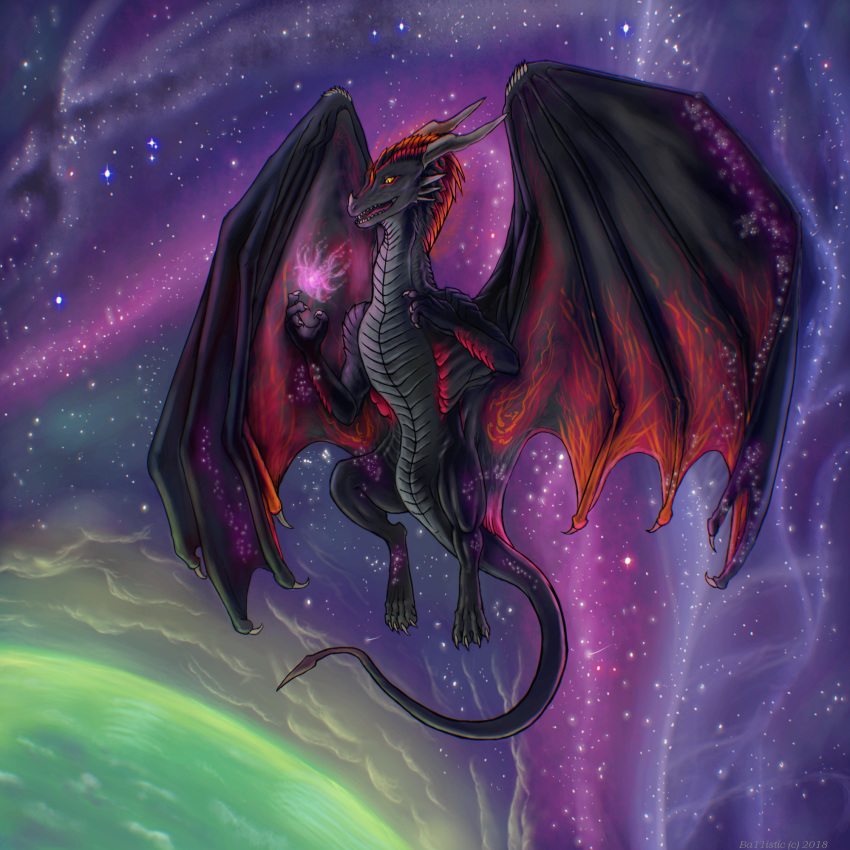 4_fingers 4_toes ballistic_(artist) black_horn black_scales black_tail black_wings claws darkayen detailed_background digital_media_(artwork) dragon female feral hi_res horn long_tail membranous_wings reptile scales scalie solo space star toes wings