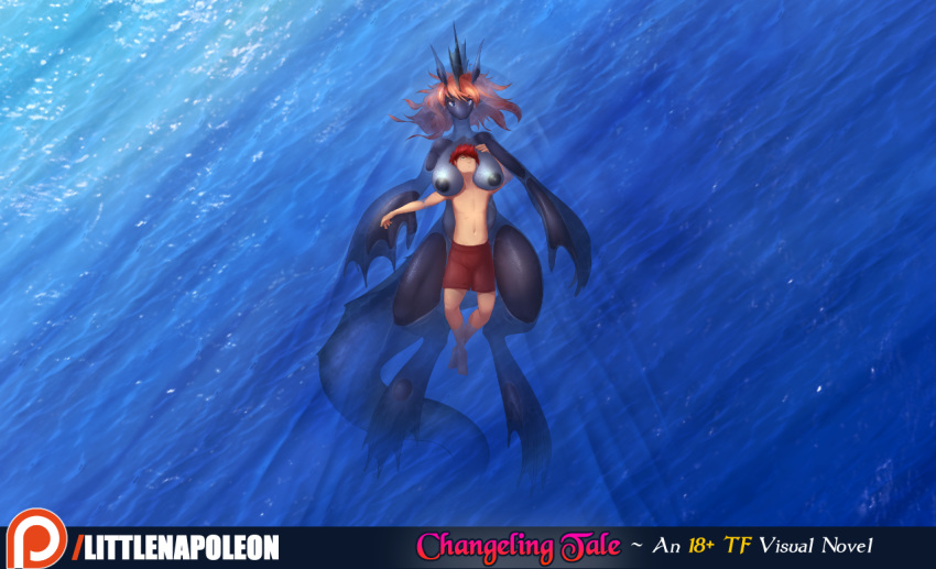 anthro aquatic_dragon big_breasts breasts changeling_tale clothing dragon female fin floating grace_(changeling_tale) hair head_between_breasts human human_on_anthro interspecies larger_female littlenapoleon long_tail male male/female male_on_anthro mammal marine nipples non-mammal_breasts nude orange_hair outside red_hair scalie size_difference smaller_male swimsuit thick_thighs water watsup webbed_feet webbed_hands