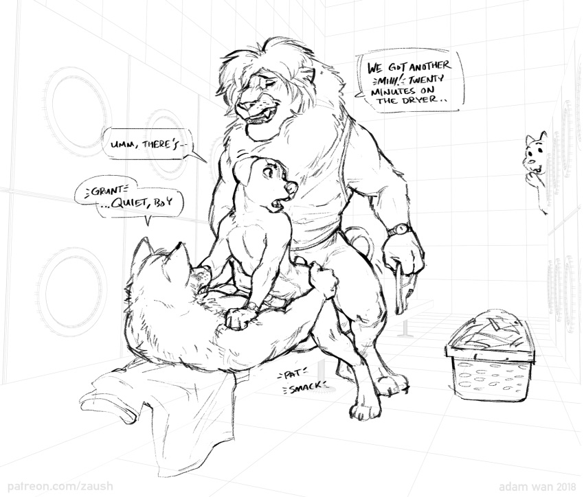 2018 all_fours anal anal_penetration anthro anthro_on_anthro basket being_watched bottomless butt butt_grab canid canine canis caught clenched_teeth clothed clothing dialogue digital_drawing_(artwork) digital_media_(artwork) doggystyle domestic_dog double_anal double_penetration english_text felid from_behind_position fur group group_sex hand_on_butt hi_res inside interspecies laundromat lion looking_back male male/male mammal mane monochrome mostly_nude muscular muscular_male nude open_mouth pantherine penetration penis public sex shirt simple_background size_difference sketch smile sound_effects teeth text threesome two_doms_one_sub underwear url voyeur washing_machine watch white_background wolf worried zaush