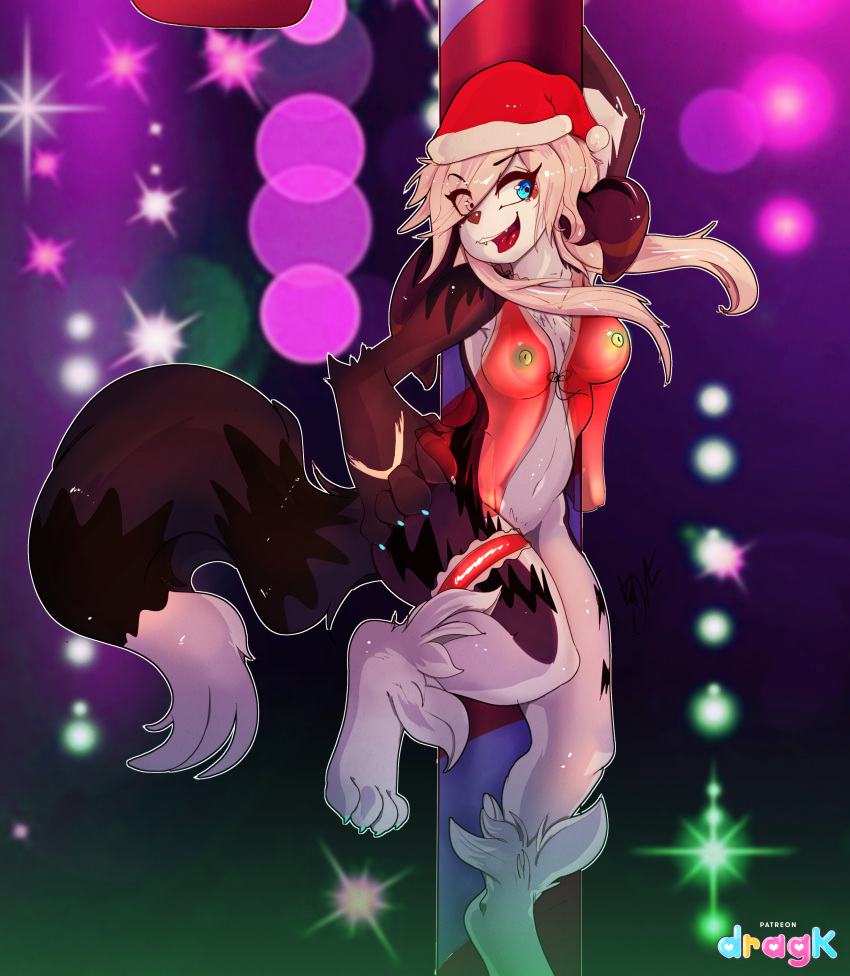 2018 anthro big_breasts blonde_hair blue_eyes bottomless breasts candy candy_cane canine christmas clothed clothing digital_media_(artwork) dog dragk fan_character female food fur hair hat hi_res holidays lingerie looking_at_viewer mammal nipples open_mouth santa_hat smile solo