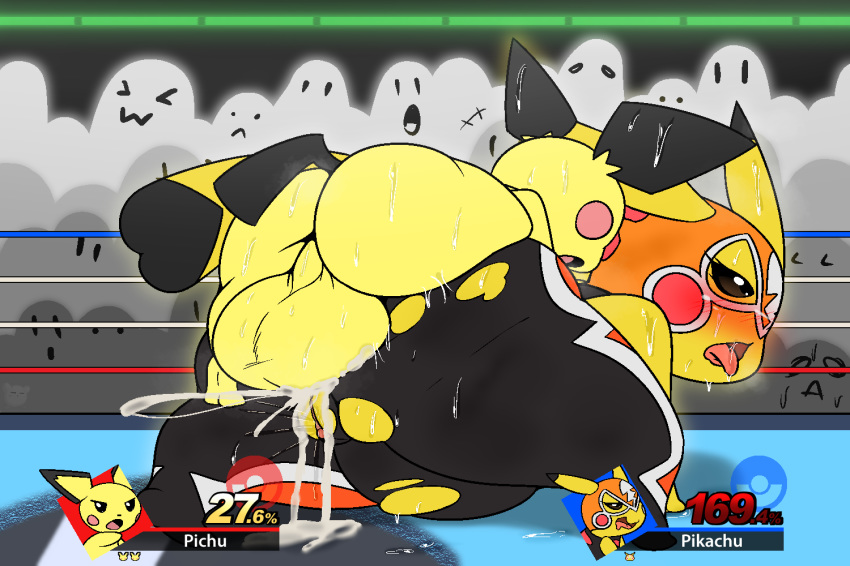 ahegao anal anal_penetration audience backsack balls big_balls black_fur blush butt clothed clothed_sex clothing cosplay_pikachu cum cum_in_ass cum_inflation cum_inside ejaculation female fur group huge_balls inflation larger_female level_difference looking_pleasured male male/female male_penetrating mammal mouse multicolored_fur nintendo open_mouth orgasm penetration perching_position pichu pikachu pikachu_libre pok&eacute;mon pok&eacute;mon_(species) public puffdraws pussy_ejaculation pussy_juice rodent sex size_difference super_smash_bros super_smash_bros._ultimate sweat tongue tongue_out torn_clothing video_games yellow_fur