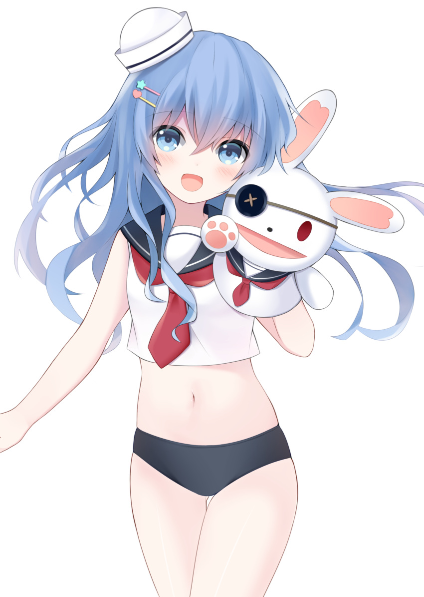 1girl :d bare_arms bare_shoulders black_bikini_bottom blue_eyes blue_hair blush cowboy_shot crop_top curly_hair date_a_live gluteal_fold hair_between_eyes hair_ornament hairclip hat heart heart_hair_ornament highres matching_outfit mini_hat navel neckerchief open_mouth red_neckwear sailor_bikini sailor_collar sailor_hat shiratoriko simple_background sleeveless smile solo star star_hair_ornament stomach thigh_gap thighs tilted_headwear white_background yoshino_(date_a_live) yoshinon