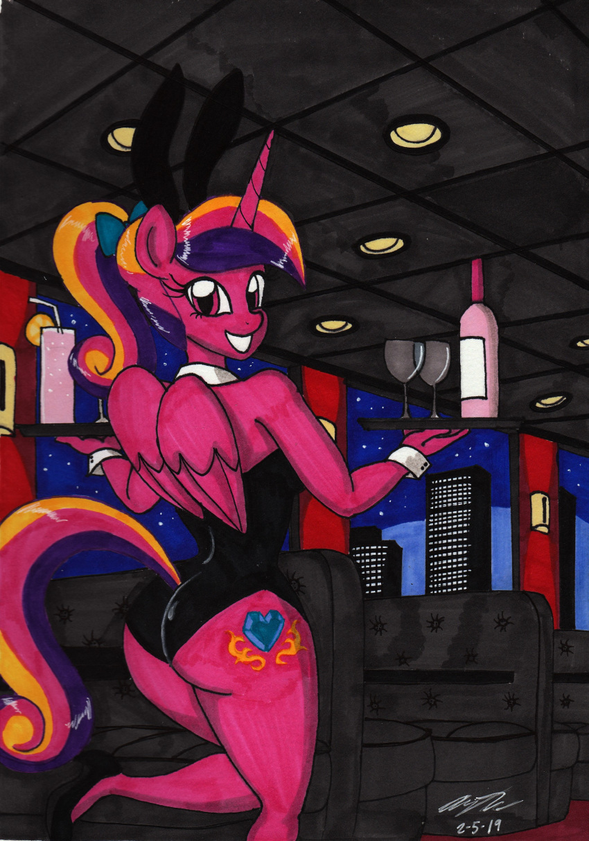 2019 absurd_res anthro anthrofied beverage bottle bow building clothing costume equid female friendship_is_magic hi_res horn leotard looking_at_viewer looking_back mammal my_little_pony newyorkx3 night platter playboy_bunny ponytail pose princess_cadance_(mlp) skyscraper solo star traditional_media_(artwork) window wine_glass winged_unicorn wings