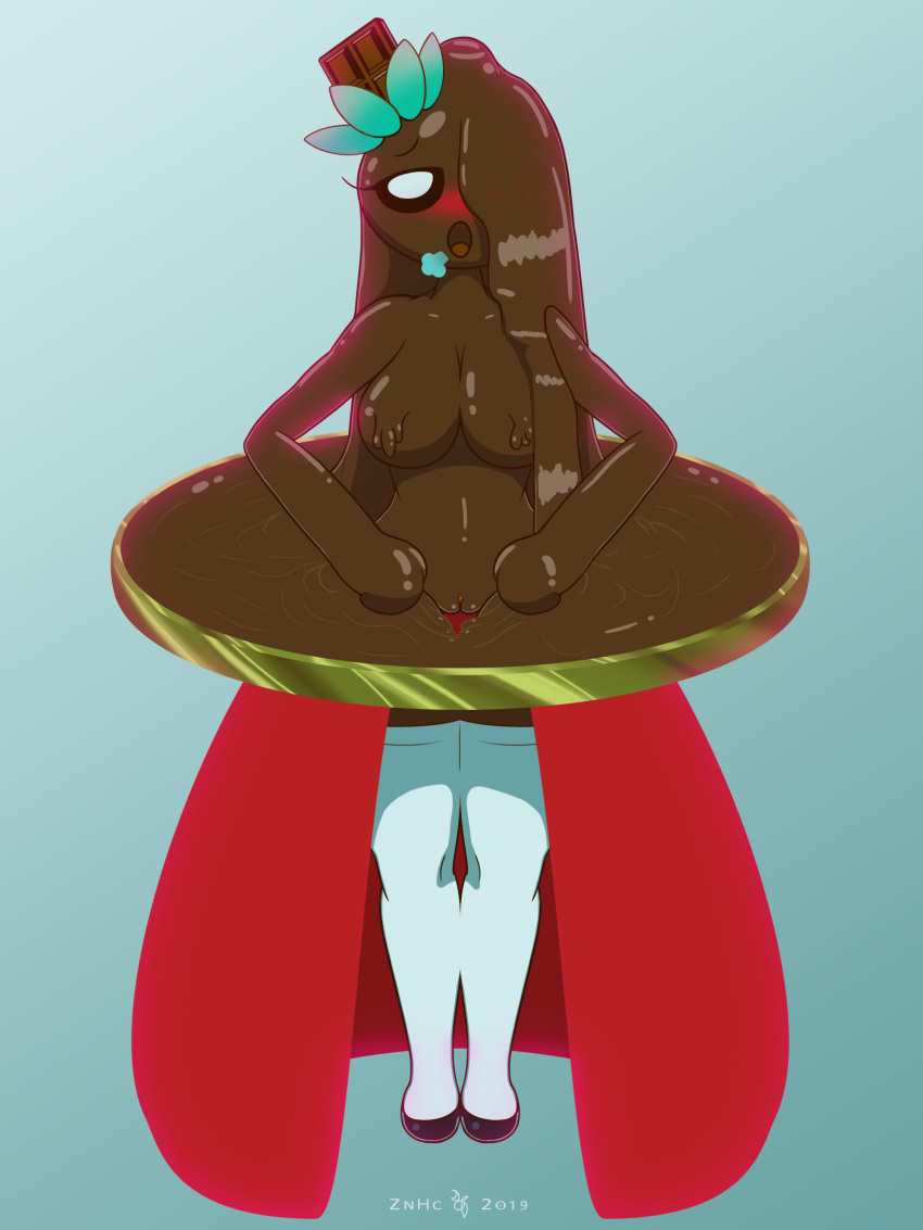 2019 absurd_res anthro breasts candy chocolate digital_media_(artwork) female food hi_res humanoid looking_at_viewer nipples not_furry nude open_mouth presenting pussy simple_background solo tongue znhc