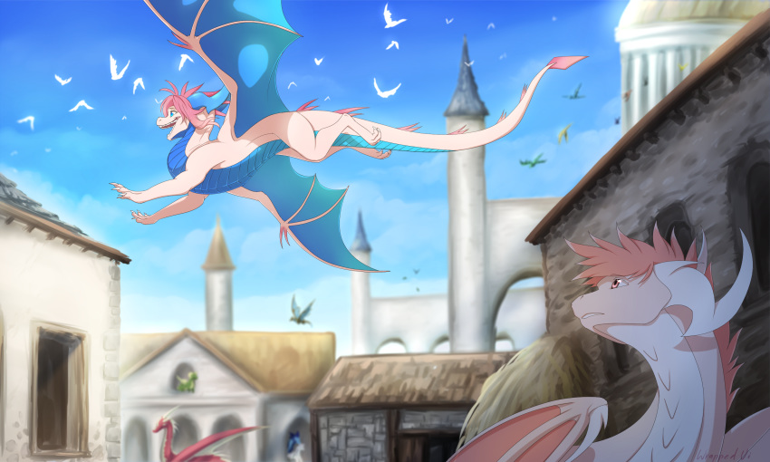 2019 ambiguous_gender blue_eyes blue_sky claws day detailed_background digital_media_(artwork) dragon female feral flying group hair hi_res horn membranous_wings open_mouth outside pink_eyes pink_hair scalie sky teeth tongue western_dragon wings wrappedvi