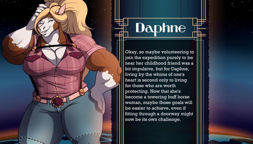 anthro belt biceps big_breasts blonde_hair breasts character_bio clothing daphne_(state_of_flux) equid equine eyes_closed female hair hi_res horse jeans long_hair mammal multicolored_body muscular muscular_female pants ponytail shirt smile state_of_flux suspenders thick_thighs volkenfox