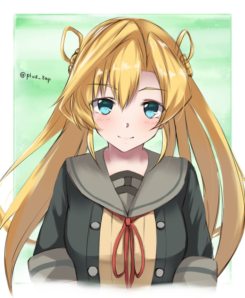 1girl abukuma_(kantai_collection) black_jacket blonde_hair blue_eyes disconnected_mouth double_bun grey_sailor_collar hair_between_eyes hair_rings highres jacket kantai_collection long_hair looking_at_viewer neck_ribbon red_ribbon remodel_(kantai_collection) ribbon sailor_collar saplus school_uniform serafuku short_sleeves smile solo twitter_username upper_body