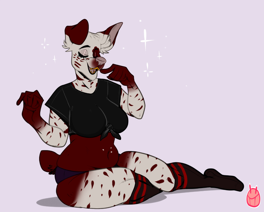 2019 5_fingers aliasing anthro belly big_breasts big_thighs biped black_eyebrows breasts brown_fur brown_markings brown_spots brown_tail canid canine clothing crop_top digital_drawing_(artwork) digital_media_(artwork) dipstick_ears eyebrows eyelashes eyes_closed facial_markings fangs female floppy_ears full-length_portrait fur gloves_(marking) grey_nose grey_tongue hi_res humanoid_hands inner_ear_fluff legwear mammal markings midriff multicolored_fur muzzle_(marking) navel open_mouth open_smile panties pink_background plantigrade portrait pose ryarik shadow shirt short_tail simple_background sitting slightly_chubby smile snout socks solo sparkle spots spotted_fur symbol thigh_socks tied_shirt toony two_tone_fur underwear vix_(thatvixy) watermark white_fur yellow_teeth