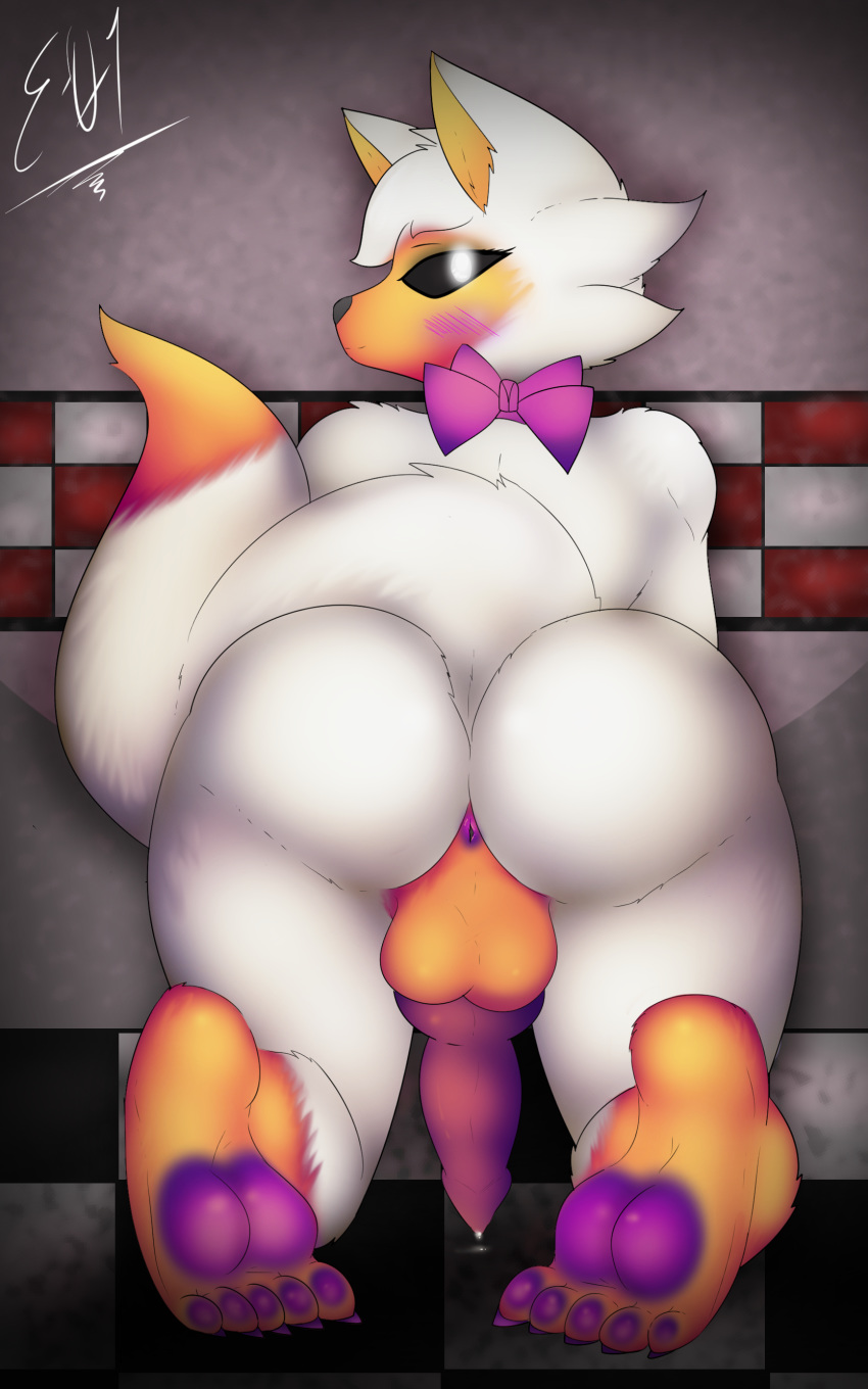 absurd_res animal_genitalia animal_penis animatronic anthro anus balls barefoot big_butt black_nose blush bow bow_tie butt canid canine canine_penis digital_media_(artwork) e-01 erection feet five_nights_at_freddy's five_nights_at_freddy's_world fox fur glowing glowing_eyes hair hi_res knot lolbit_(fnaf) looking_at_viewer machine male mammal nude orange_fur penis precum robot simple_background smile solo toes video_games white_eyes white_fur