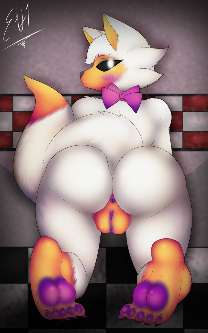 absurd_res animatronic anthro anus barefoot big_butt black_nose blush bow bow_tie butt canid canine clitoris digital_media_(artwork) e-01 feet female five_nights_at_freddy's five_nights_at_freddy's_world fox fur glowing glowing_eyes hair hi_res lolbit_(fnaf) looking_at_viewer machine mammal nude orange_fur purple_pussy pussy robot simple_background smile solo toes video_games white_eyes white_fur