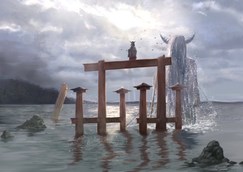 1other absurdres ambiguous_gender animal bird chains cloud cloudy_sky day giant highres horns huge_filesize lake long_hair long_sleeves original outdoors pillar robe scenery shaka_(staito0515) sky solo statue sunlight very_long_hair water