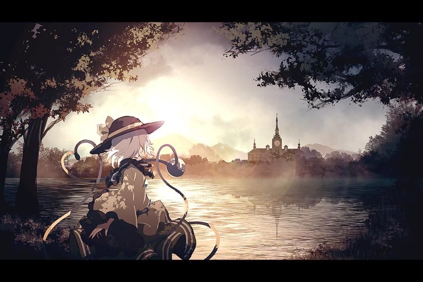 1girl black_hat blouse bow building bush clock clock_tower cloud collar commentary_request diamond_(gemstone) dise eyeball fog frilled_collar frills from_side grey_hair hat hat_bow heart heart_of_string komeiji_koishi lake landscape lens_flare letterboxed long_sleeves looking_away misty_lake mountain outdoors scarlet_devil_mansion scenery short_hair skirt sky solo sun sunlight sunset third_eye touhou tower tree wide_sleeves yellow_blouse yellow_bow
