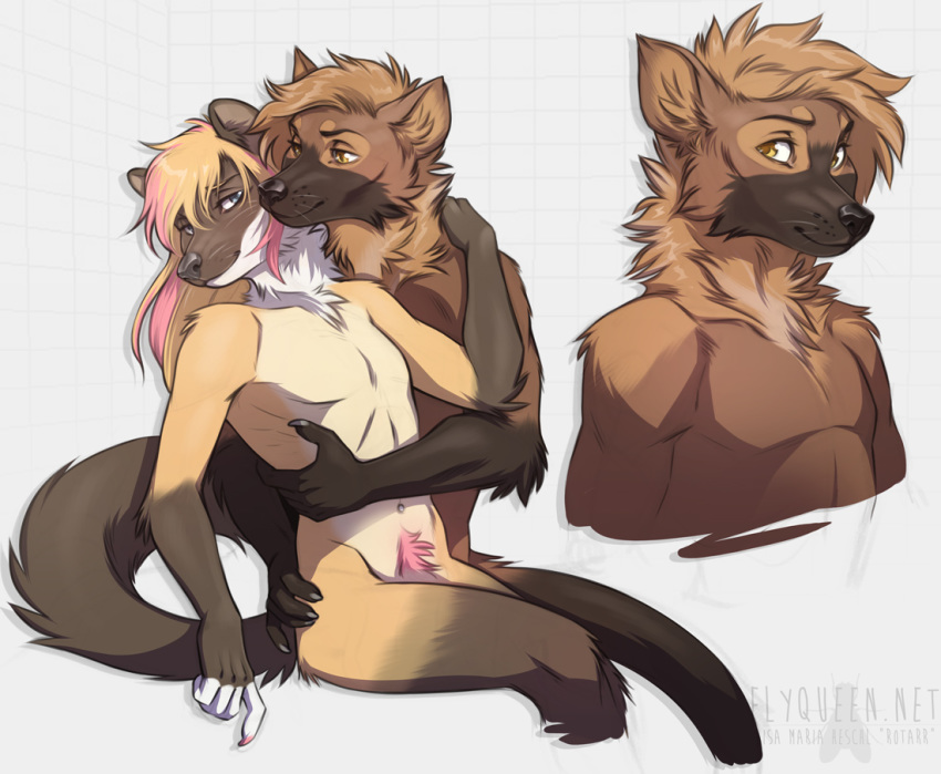 anthro brown_fur duo embrace fingerless_gloves_(marking) fur gloves_(marking) grey_eyes hair male mammal markings marten mustelid musteline nude pink_hair rotarr sitting smile whiskers yellow_eyes