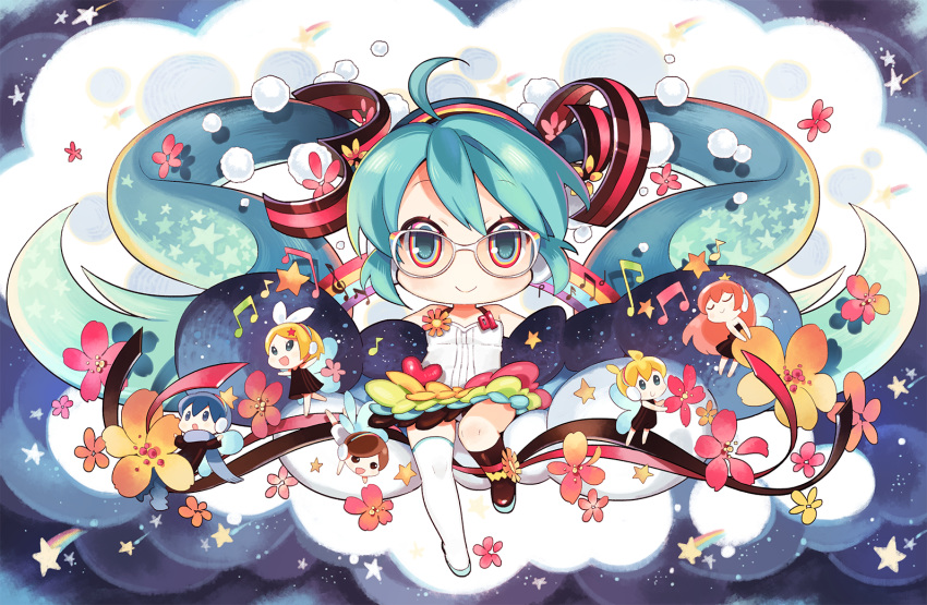 2boys 4girls :&gt; :d :o ^_^ beamed_eighth_notes blonde_hair blue_hair brown_hair butterfly_wings chibi closed_eyes cloud colorful commentary_request eighth_note eyebrows_visible_through_hair eyes_closed flat_sign flower full_body glasses happy hatsune_miku headphones kagamine_len kagamine_rin kaito long_hair mao_yu megurine_luka meiko multicolored multicolored_eyes multiple_boys multiple_girls musical_note no_nose open_mouth orange_flower pink_hair quarter_note rainbow red_flower shooting_star sky smile star star_(sky) starry_sky treble_clef twintails very_long_hair vocaloid wings