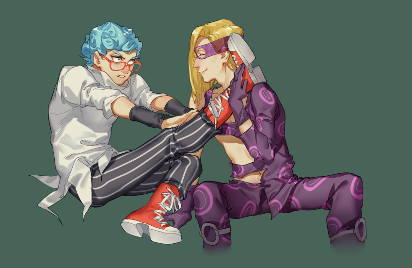 2boys blindfold blonde_hair blue_eyes blue_hair curly_hair ghiaccio glasses highres iroha741852963 jojo_no_kimyou_na_bouken male_focus melone multiple_boys pinstripe_pattern red-framed_eyewear shoelaces shoes sneakers striped vento_aureo wristband