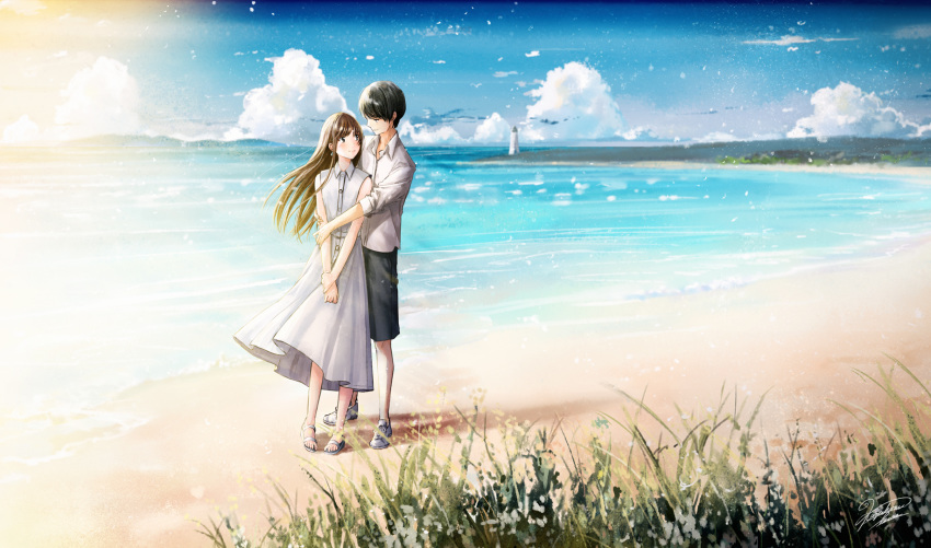 beach black_eyes black_hair black_shorts blue_sky blush brown_hair closed_mouth cloud collared_shirt couple day dress earrings eye_contact grass grey_dress grey_shirt hetero highres hug hug_from_behind jewelry kazuharu_kina lighthouse long_hair looking_at_another mountainous_horizon ocean original outdoors own_hands_together sandals shirt shoes shore shorts sky sleeveless sleeveless_dress sleeves_pushed_up smile standing v_arms water white_footwear wide_shot wind
