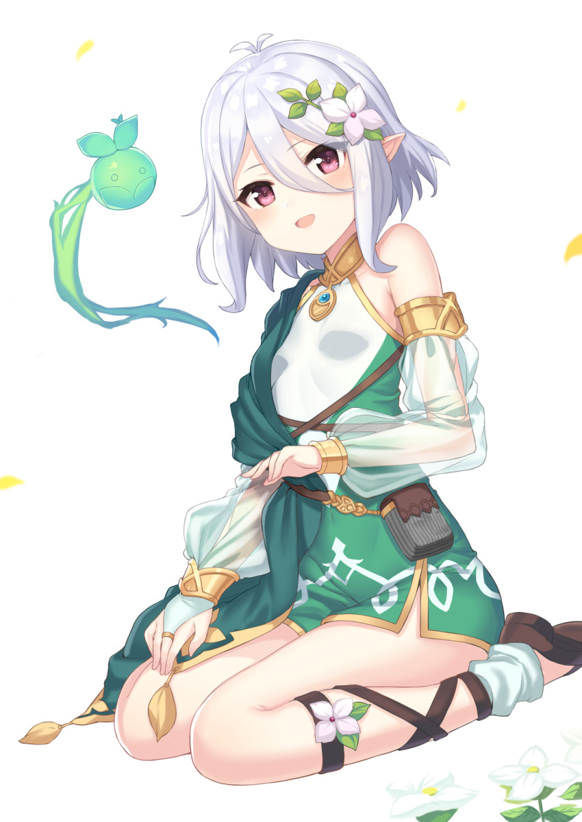 1girl :d antenna_hair bangs bare_shoulders blush breasts bridal_gauntlets brown_footwear dress eyebrows_visible_through_hair flower green_dress green_sleeves hair_between_eyes hair_flower hair_ornament hajime_kaname highres kokkoro_(princess_connect!) long_sleeves looking_at_viewer open_mouth pointy_ears princess_connect! princess_connect!_re:dive puffy_long_sleeves puffy_sleeves red_eyes sandals see-through see-through_sleeves shoe_soles silver_hair simple_background sitting sleeveless sleeveless_dress small_breasts smile solo wariza white_background white_flower