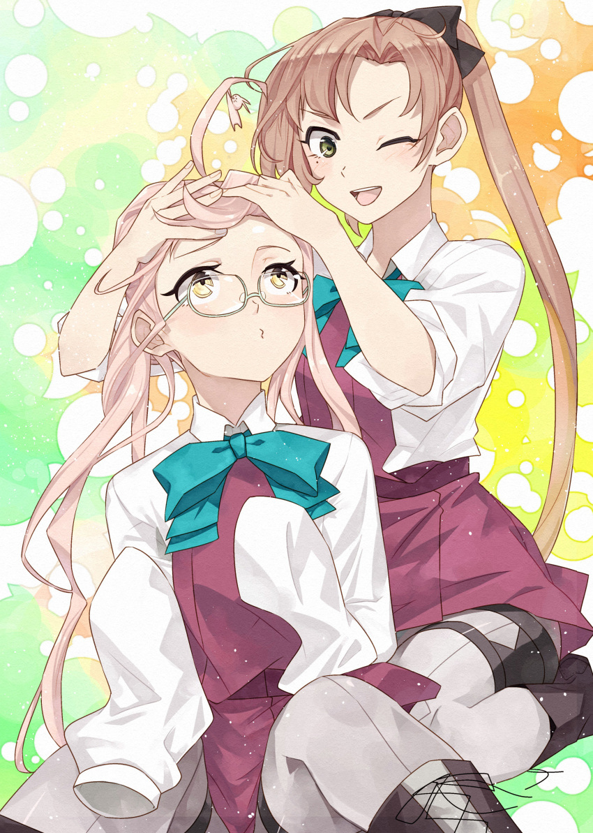 2girls absurdres ahoge akigumo_(kantai_collection) black_ribbon boots brown_hair cross-laced_footwear double_bun glasses gradient gradient_background green_eyes grey_legwear hair_bun hair_ribbon halterneck highres kanmiya_shinobu kantai_collection lace-up_boots long_hair makigumo_(kantai_collection) multiple_girls open_mouth pantyhose pink_hair ponytail ribbon school_uniform shirt sleeves_past_fingers sleeves_past_wrists sleeves_rolled_up smile twintails white-framed_eyewear white_shirt yellow_eyes