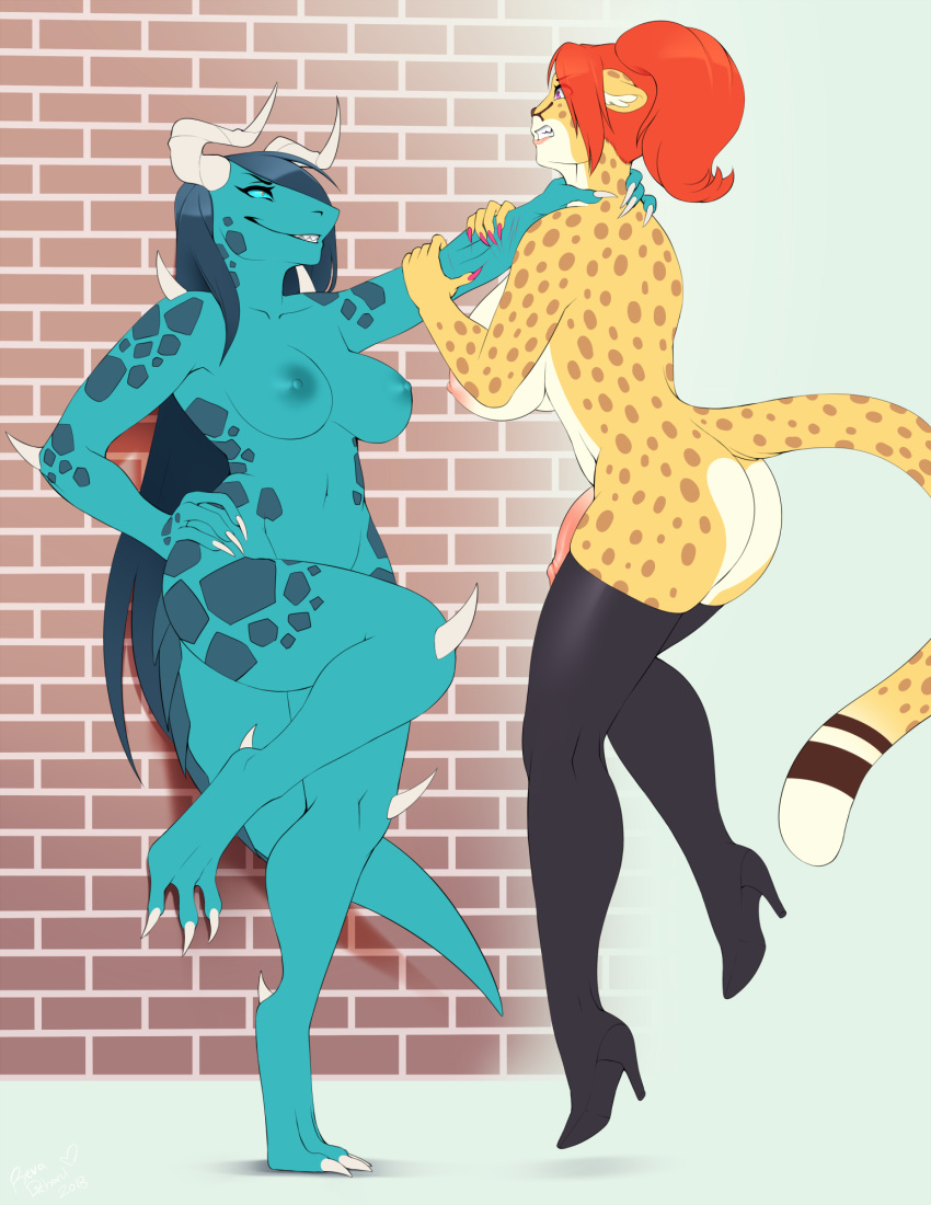 anthro asphyxiation breasts butt cheetah choking clothing dickgirl dickgirl/female domination duo felid feline female female_domination flaccid footwear hi_res high_heels humanoid_penis intersex intersex/female legwear mammal nipples nude penis revadiehard rubber scalie shoes smile thigh_highs wide_hips