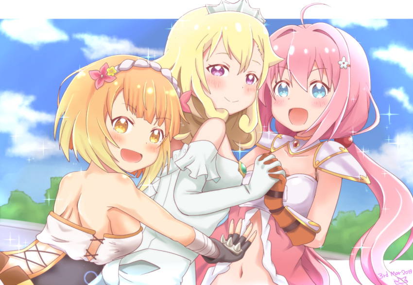 3girls ahoge blonde_hair blue_eyes blush breasts closed_mouth cloud cloudy_sky collarbone crown dress endro! eyebrows_visible_through_hair fai_fai flower hair_flower hair_ornament hairclip hand_holding interlocked_fingers long_hair looking_at_viewer medium_breasts multiple_girls navel open_mouth outdoors pink_hair purple_eyes rona_pricipa_o_rabanesta samenoido shiny shiny_hair sky small_breasts smile yellow_eyes yuri yuria_shardet