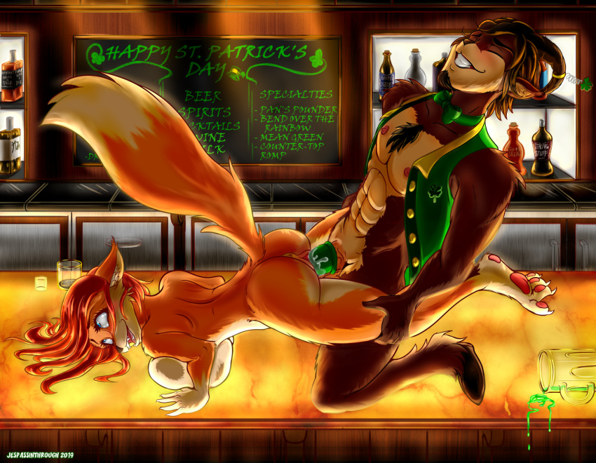 alcohol all_fours anthro anus bar beverage big_breasts bovid breast_squish breasts canid canine caprine condom counter doggystyle drunk fan_character female fox from_behind_position fur hair holidays jespassinthrough_(artist) male male/female mammal nude orange_fur penetration public satyr sex st._patrick's_day thick_thighs vaginal vaginal_penetration