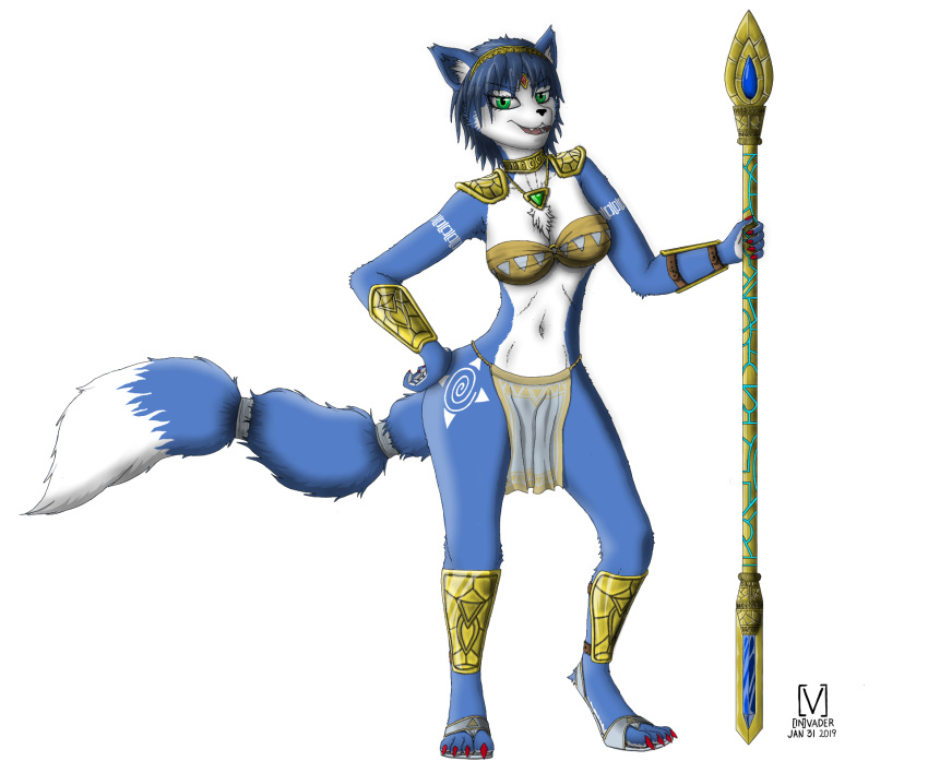 2019 [in]vader anthro armor blue_fur blue_hair bracers breasts canid canine chest_tuft clothing digitigrade fluffy fluffy_tail footwear fox fur fur_markings green_eyes hair hairband half-closed_eyes hand_on_hip hi_res jewelry krystal krystal's_staff loincloth looking_at_viewer mammal markings midriff necklace nintendo sandals solo staff star_fox tailband tribal_markings tuft video_games white_fur