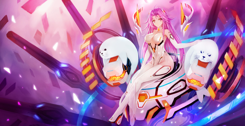 1girl 300_heroes absurdres ahoge android animal barcode_tattoo breasts collar commentary_request dress elbow_gloves gloves highres large_breasts legs_crossed long_hair looking_at_viewer pelvic_curtain pink_hair red_eyes revealing_clothes seal see-through sitting slit_pupils solo strapless strapless_dress tattoo thighhighs white_gloves white_legwear zhuore_zhi_hen