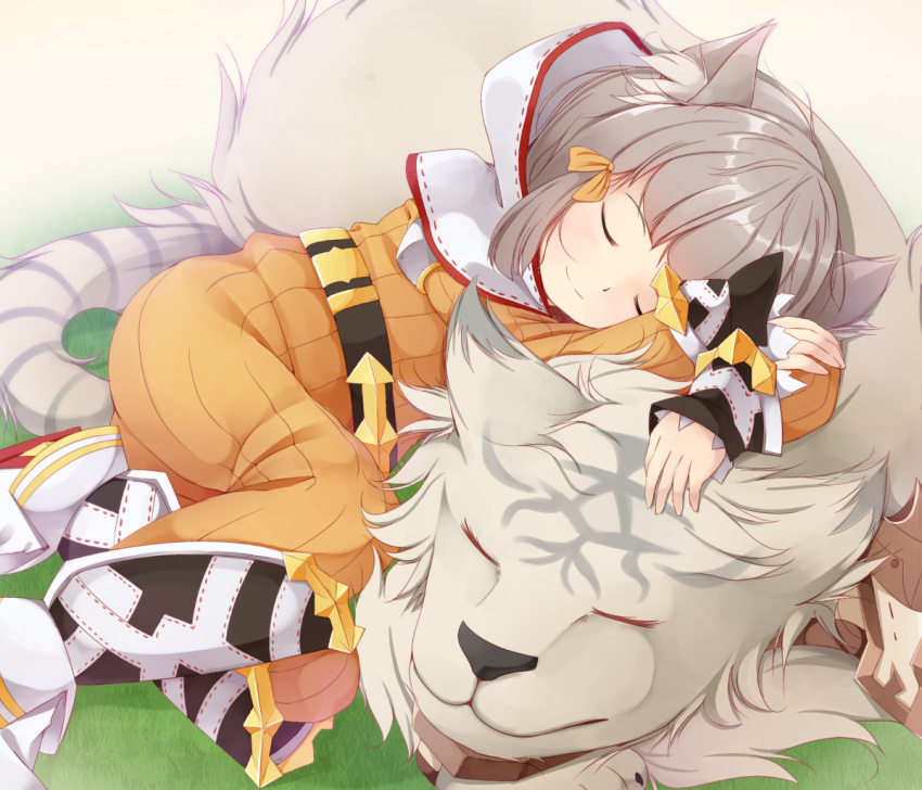 1girl animal_ear_fluff animal_ears artist_request bangs belt blunt_bangs bodysuit byakko_(xenoblade) cat_ears eyes_closed grass nintendo niyah no_gloves ribbon silver_hair sleeping smile tiger white_fur xenoblade_(series) xenoblade_2 yellow_bodysuit yellow_ribbon