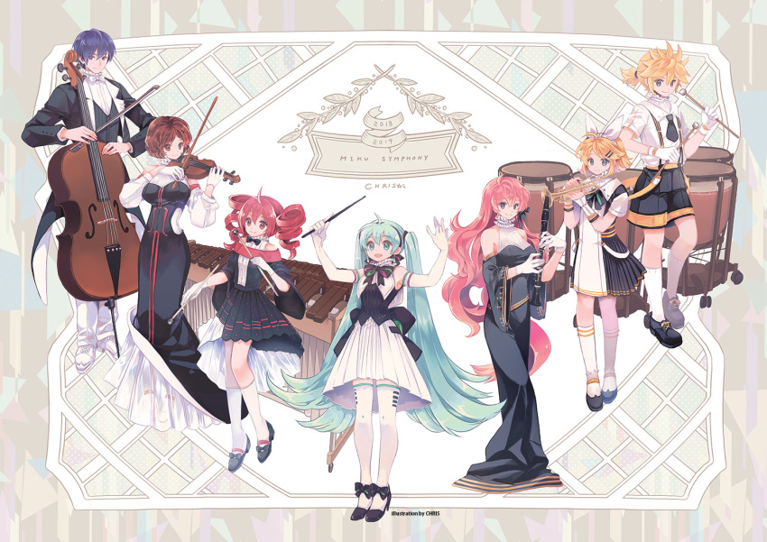 2018 2019 2boys 5girls :d artist_name baton_(instrument) black_ribbon blonde_hair blue_eyes blue_hair bow bow_(instrument) bowtie brown_hair cello chris4708 clarinet commentary_request copyright_name detached_sleeves dress drill_hair drum drumsticks elbow_gloves eyebrows_visible_through_hair formal full_body gloves hair_ornament hair_ribbon hairclip hatsune_miku high_heels holding holding_instrument instrument kagamine_len kagamine_rin kaito kasane_teto long_dress long_hair marimba megurine_luka meiko miku_symphony_(vocaloid) multiple_boys multiple_girls music open_mouth outstretched_arms pink_hair red_hair ribbon short_dress short_hair sleeveless sleeveless_dress smile socks standing thighhighs trumpet twintails utau very_long_hair violin vocaloid white_dress white_gloves white_legwear white_neckwear white_ribbon